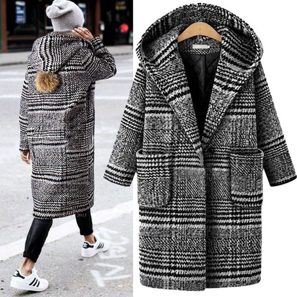 

plus size -5xl casual loose long woolen winter coats hooded wool coat pockets plaid ladies coats blends female mujer djn14, Black