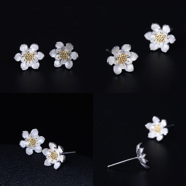 

925 s silver concise small fresh nature flower earring woman personality aestheticism lotus ear nail mori student sweet ear rings gold, Golden