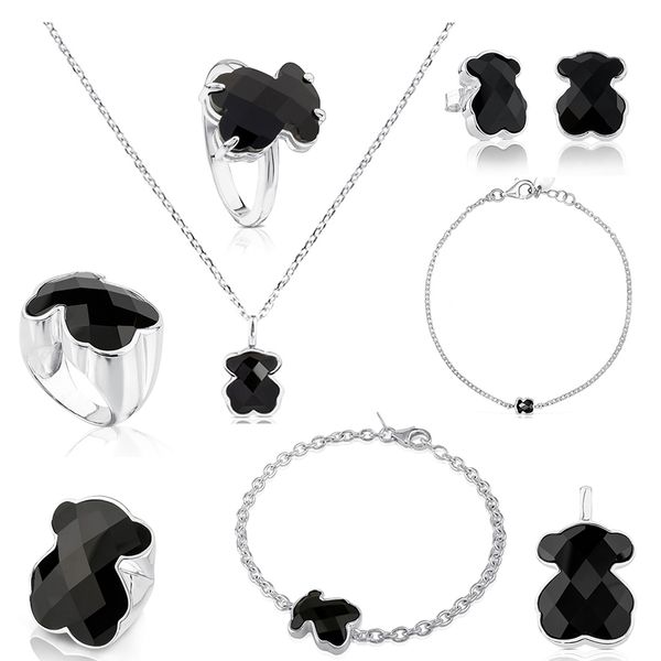 

fahmi 100% 925 sterling silver cute bear faceted black agate earrings bracelet necklace ring pendant clavicle chain jewelry
