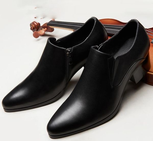 

mens high heels pointed toe zip design cow leather dress shoes men height increase wedding shoes career work party dance shoes, Black