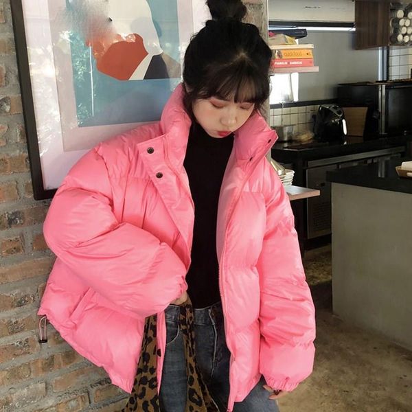 

women stand collar zipper thick jackets winter short cotton padded coats warm zippers loose bright colors parkas outwear, Black