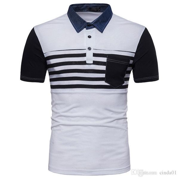 

s-2xl летняя модная рубашка мужской полосатый цвет джинсовый воротник лоскутная футболка с коротким рукавом хлопчатобумажная одежда черный с, White;black