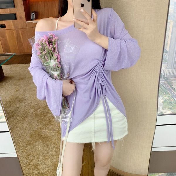 

nana fashion womens clothing store loose drawstring pleated thin sunscreen t-shirt fashion fashion korean autumn long-sleeved shirt, White