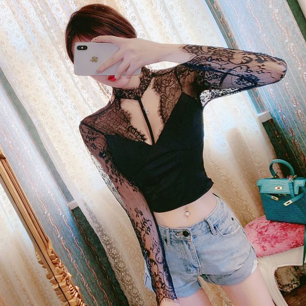 

summer 2020 new fashion temperament lace hollow high collar long sleeve mesh short t-shirt women, White
