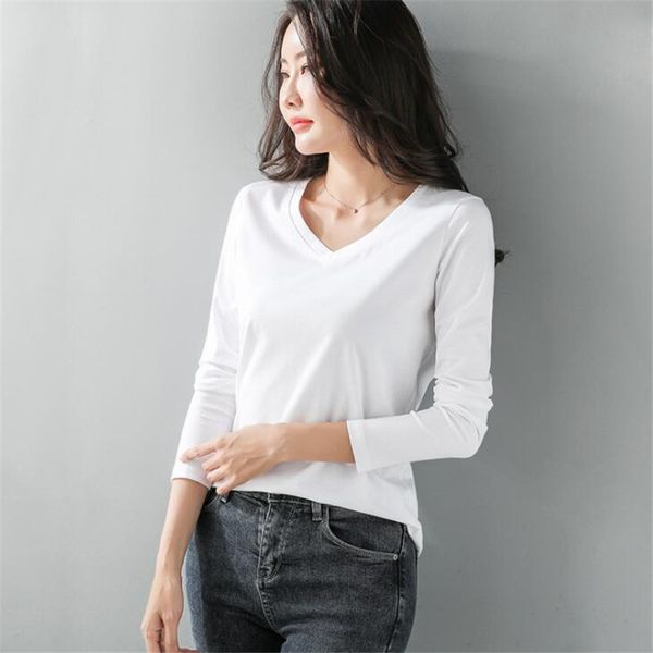 

2020 spring super quality 80s cotton solid color t-shirt woman o neck t shirt women long sleeve, White