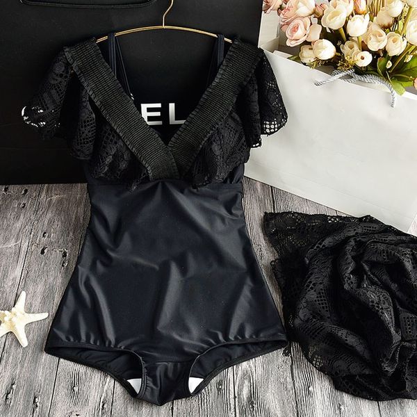 

2019 new black lace one piece swimsuit women plus size swimwear retro vintage bathing suits beach wear padded swim suits wear, White;black