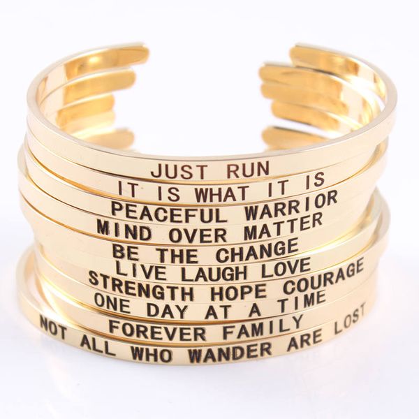 

10pcs mix random wholesale price 4mm stainless steel engraved positive inspirational quote cuff mantra bracelet bangle for men, Black