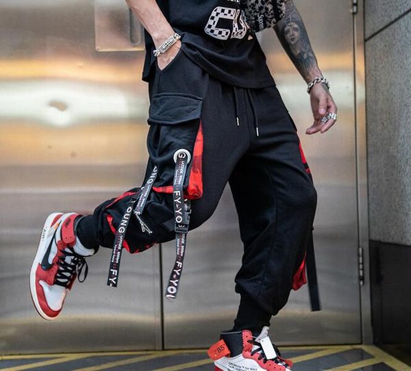 

multi buckle ribbons pockets joggers cargo harem pants streetwear 2019 men autumn hip hop casual sweatpants male pants, Black