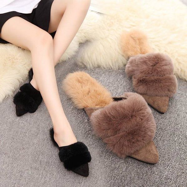 

fur slippers for women 2020 autumn winter outdoor short plush flat slippers women shoes fur flip flops shoes woman loafers ladie, Black