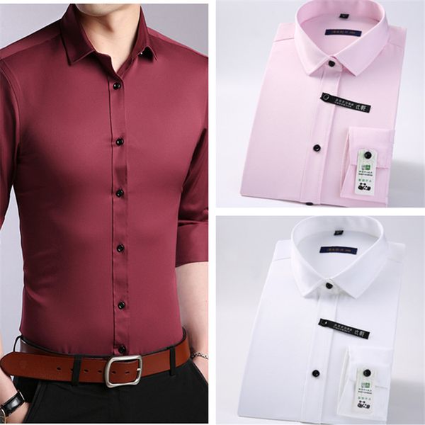 

fashion korean elastic solid color men's shirt slim long-sleeve youth business casual shirt non-iron single-breasted, White;black