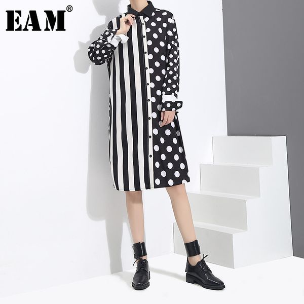 

eam] women black dot striped split joint shirt dress new lapel long sleeve loose fit fashion tide spring autumn 2020 ju688, Black;gray