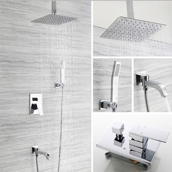 

stainless steel conceal in wall shower faucet mixer cold valve with embeded box ultra thin square rain shower head set