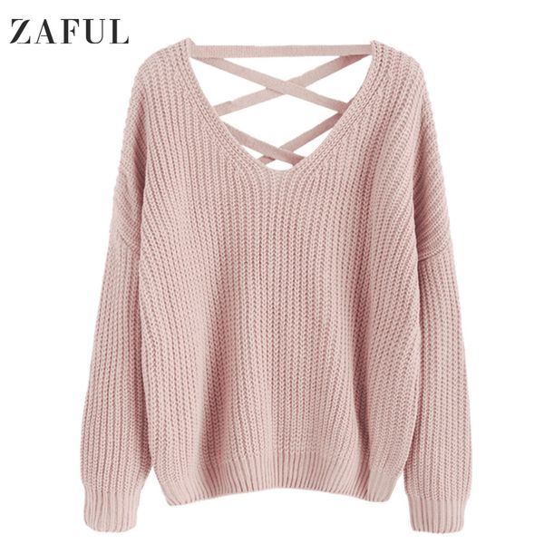 

zaful autumn solid women causal sweater v-neck drop shoulder female pullovers lace up long sleeves feminino knitted loose jumper, White;black
