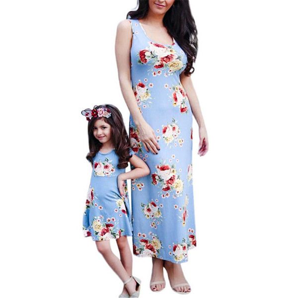 

fashion parent-child dresses new 2018 family matching clothes women kids girls dress mother and daughter boho floral party dress, Blue