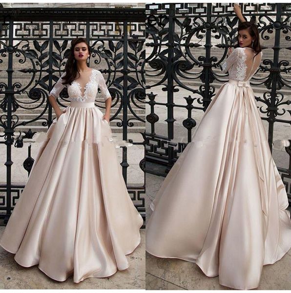 

champagne satin a line wedding dresses sheer long sleeves tulle lace applique sweep train bridal wedding gowns with pockets, White