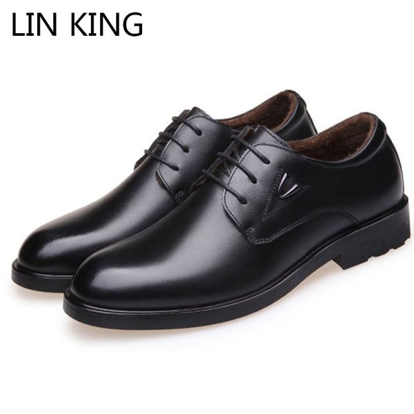 

lin king new warm plush men casual shoes genuine leather man winter dress shoes lace up low round toe formal for male, Black