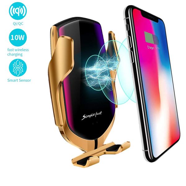 

2 colors r1 automatic clamping wireless car charger mount, automatic clamping qc/qi 10w fast charging car charger holder