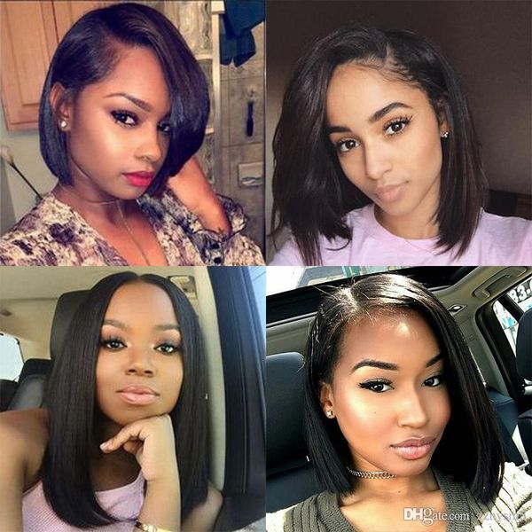 

16nch короткого фронт шнурка человеческих волос париков боб парик полный и thick для ujibg черных женщин естественного цвета волоса remy бра, Black