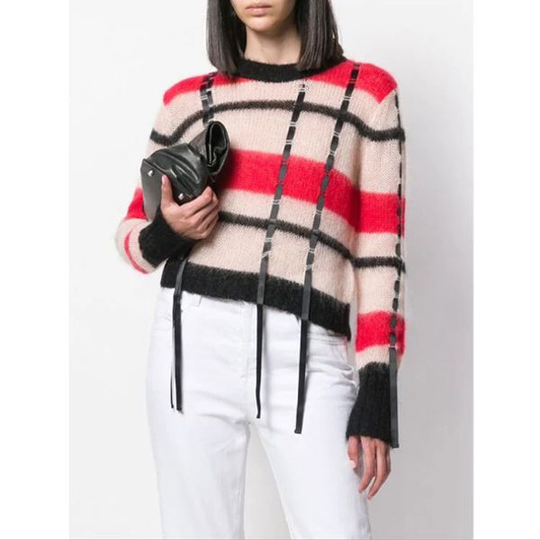 

women mohair sweater 2019 autumn crew neck long sleeve striped tassel pullovers sweater women casual loose knitted thin, White;black