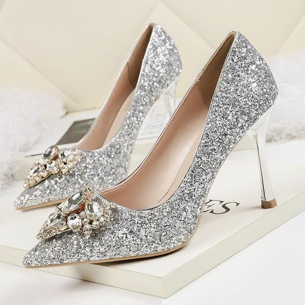 

women high heels pointed toe pumps luxury glitter rhinestone silver bridal wedding shoes bling stiletto ladies party shoes, Black
