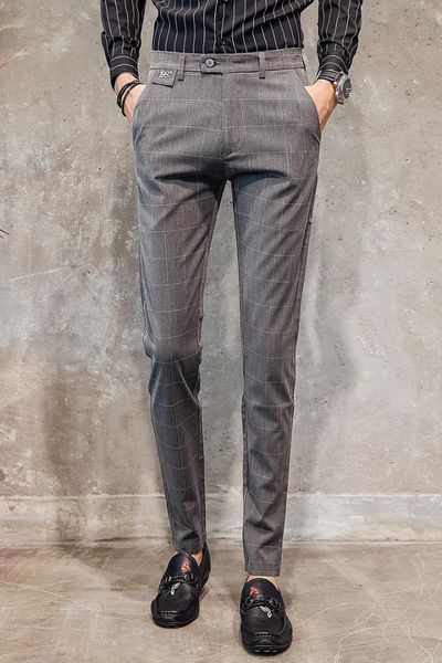 

2019 spring youth korean version of the self-cultivation feet casual trousers trend plaid personality hair stylist trousers, Black
