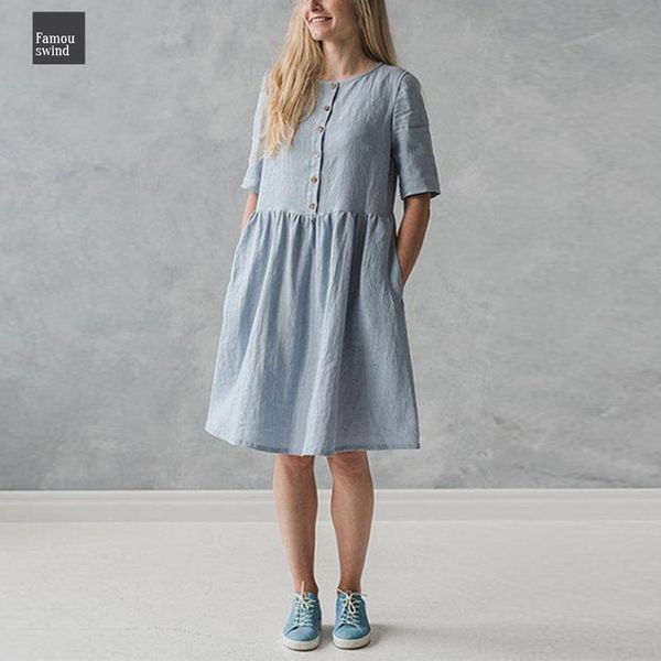 

2019 vintage льняной рубашки платье женщины с коротким рукавом вниз кнопка сплошных вскользь платья партии лето сарафаны v шея vestidos robe, Black;gray
