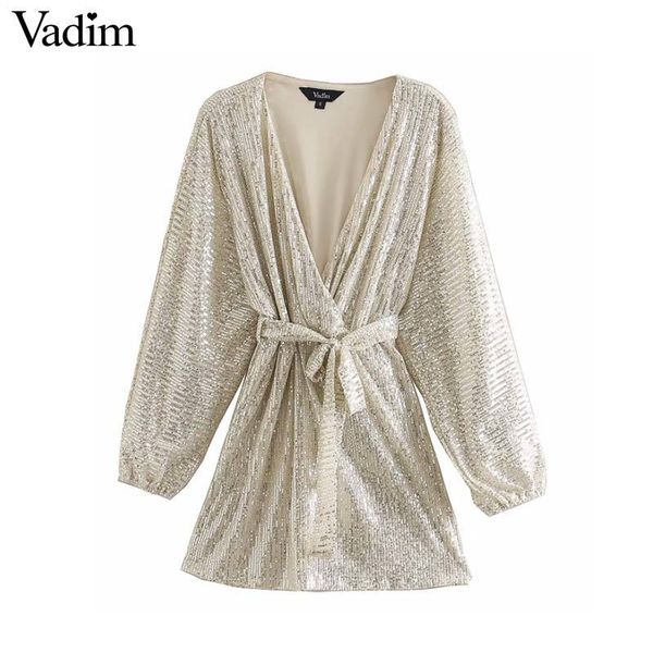 

vadim женщины стильных пайеток шиння мини-платье v шеи длинного рукава поясов женщина случайных партий дизайна твердых платья vestidos qd213, Black;pink