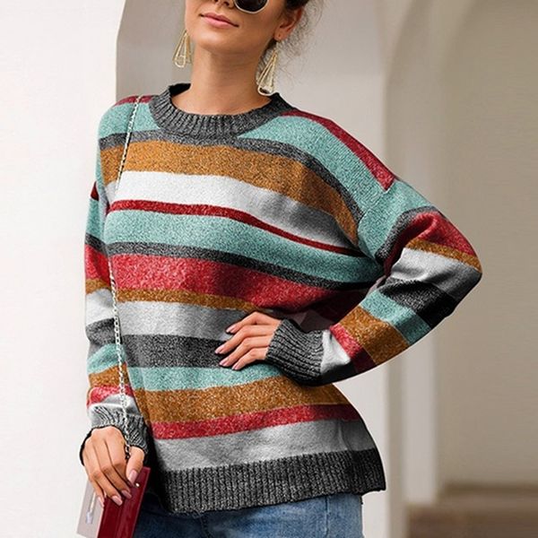 

lazy style loose sweater women winter jumpers knitted vintage striped sweaters oversized pullover female rainbow o-neck sweaters, White;black
