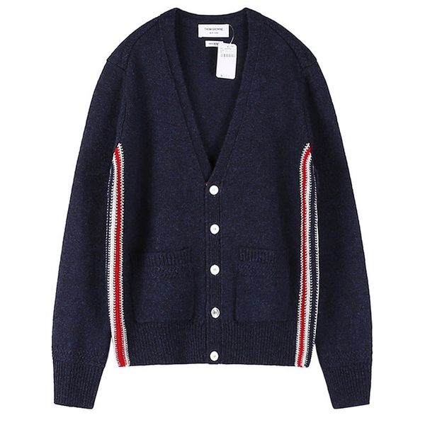 

pure shetland wool medium grey,navy blue relaxed fit rwb intarsia stripe v-neck cardigan men's women's sweaters, White;black