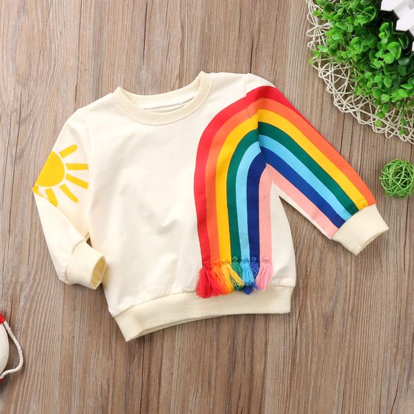

baby girl kid rainbow t-shirt clothes blouse sweater sweatshirt cardigan toddler baby girl rainbow tassel autumn winter, Black