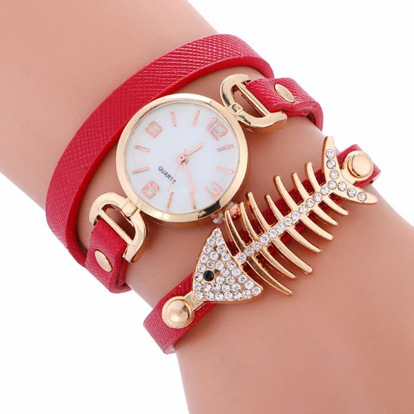 

women watch fashion quality rhinestone fish bone bracelet watch leather strap quartz wristwatch ladies clock horloges vrouwen #w, Slivery;brown