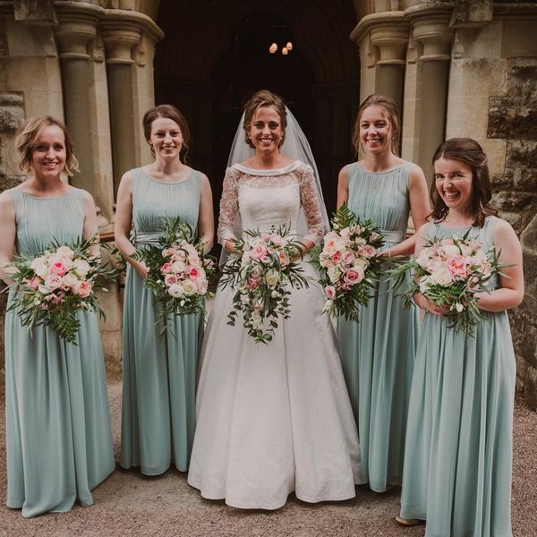 

элегантный sage a line платья подружки невесты длина пола фрейлина платье драгоценности шеи свадебные платья для гостей bm0650, White;pink