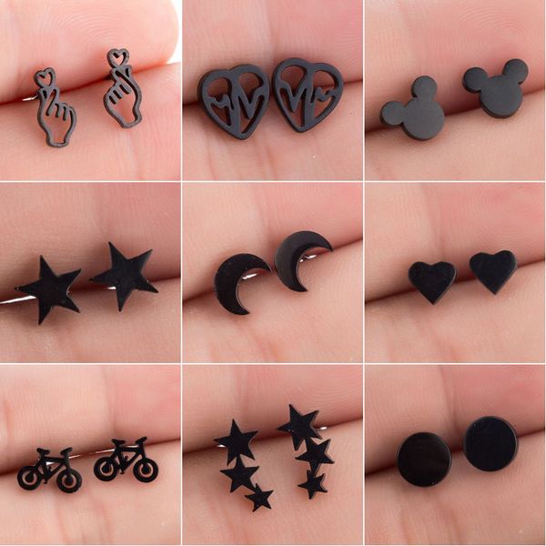 

smjel stainless steel earrings women men hip hop black star moon stud earring fashion jewelry gift for friend girl, Golden;silver