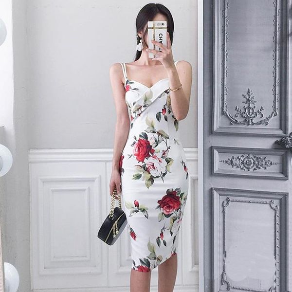 

2019 printing camisole package buttocks dress reveal back vent thin rendering skirt, White;black
