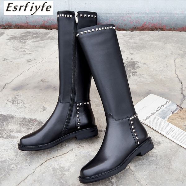 

esrfiyfe new fashion thick heels women knee high boots genuine leather ladies dress shoes autumn winter boots woman size 34-43, Black