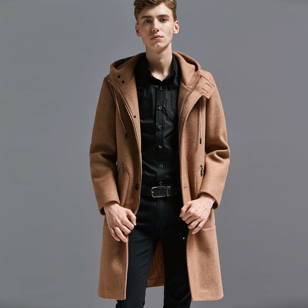 

minglu wool men coats luxury autumn winter zipper hooded mens jackets and coats plus size 6xl long style slim fit male, Black