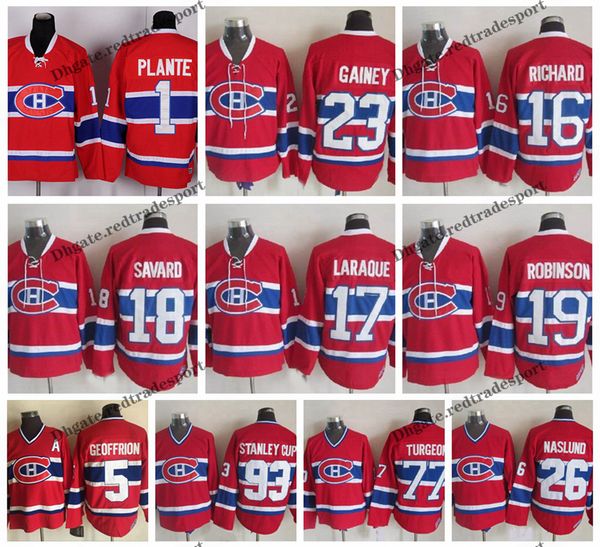 

vintage montreal canadiens 5 geoffrion 1 plante 23 gainey 17 laraque 18 savard 16 richard 19 robinson 77 turgeon 26 naslund hockey jerseys, Black;red