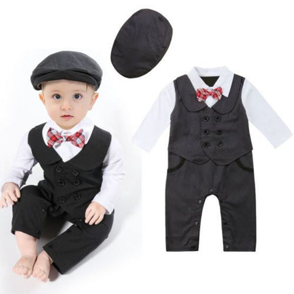 

newborn infant baby boys romper formal suit party wedding tuxedo gentleman set double breasted jumpsuit hats set outfit 0-24m y200323, White
