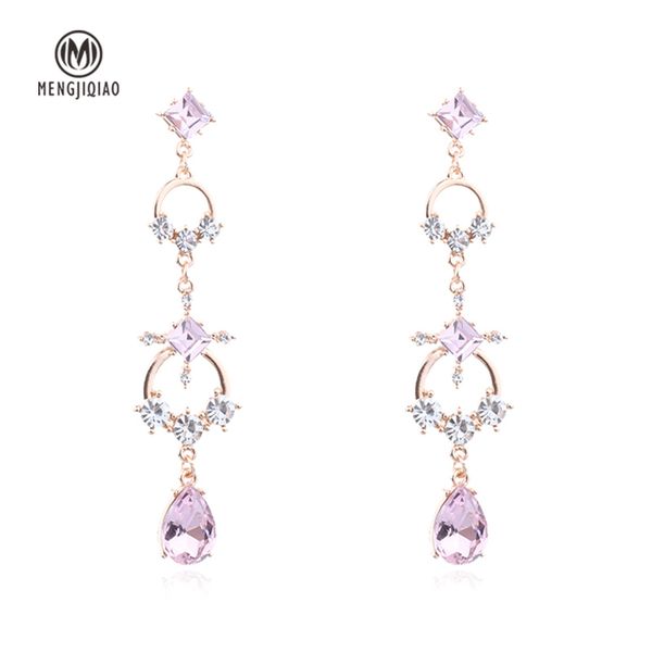 

mengjiqiao korean new elegant square water drop crystal long earrings for women rhinestone geometric circle dangle pendient, Silver