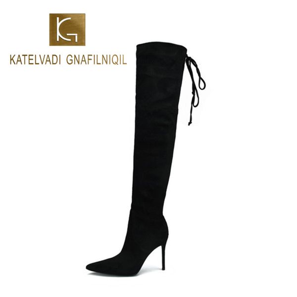 

katelvadi size 34-46 winter boots black flock 10cm thin heels boots without short plush lining k-485