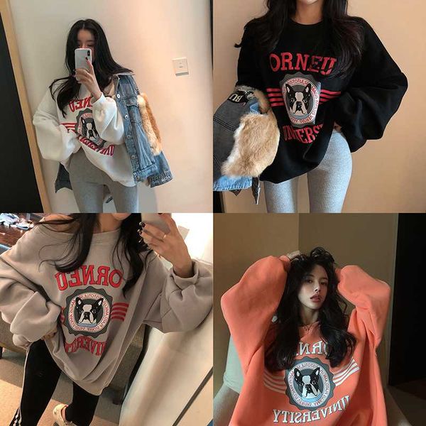 

korean version of the oversized version of loose casual joker printing with velvet thick round neck turtleneck hoodie woman, Black