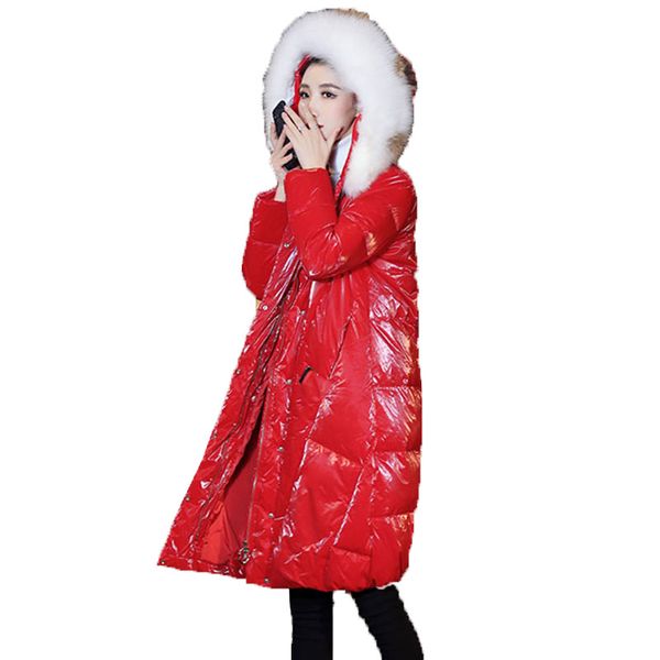 

winter real fur collar down jacket women solid color glossy down coat women hooded thick loose parka jacket female, Black