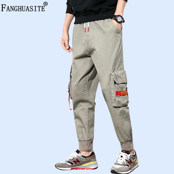 

brand cotton cargo pants autumn winter men's casual sports trousers ribbon design fashion loose hip-hop parkour pants men k18445, Black