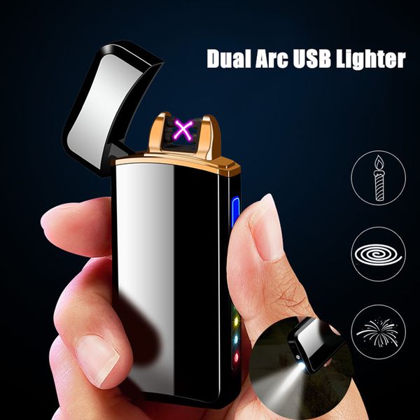 

dual arc электронная зажигалка ветрозащитный беспламенной usb зарядка зажигалки светодиодные для курения прикуриватель