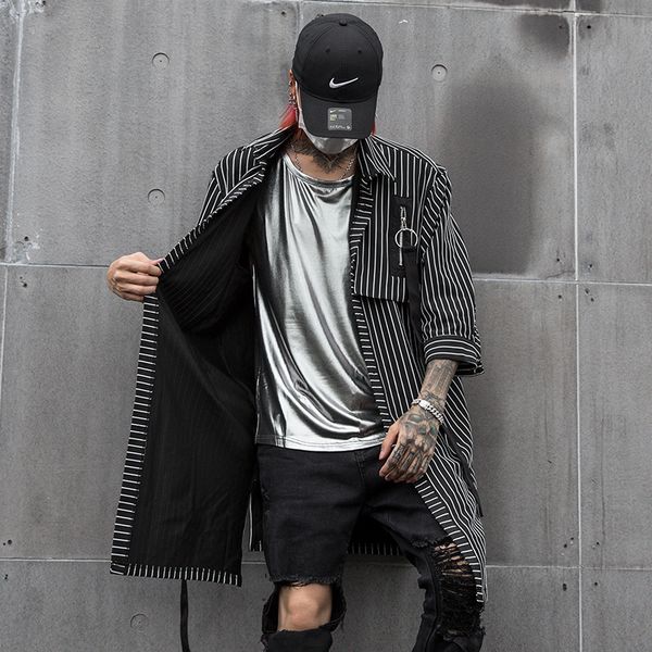 

men casual long striped shirt cardigan coat male streetwear hip hop punk gothic half sleeve shirt singer stage clothes, White;black