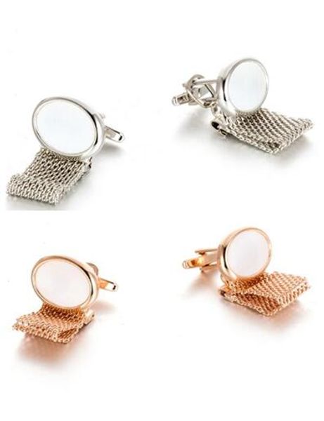 

10pairs/lot luxury oval white pearl shell chain cufflinks rosegold/silver net chain cuff links business style men's jewelry, Silver;golden