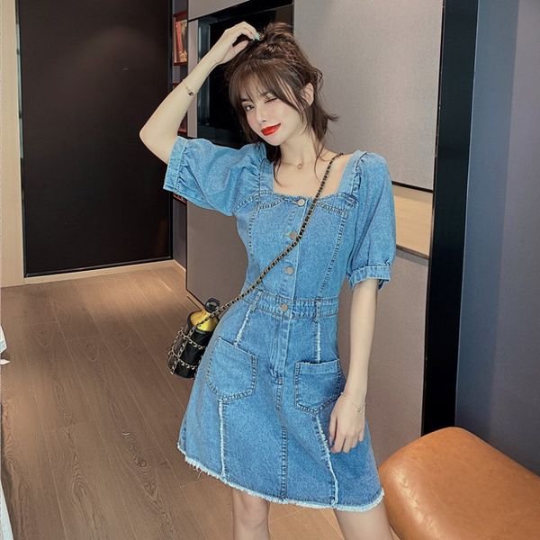 

women dreses2020 summer new hong kong-style retro square collar elegant puff sleeve waist slimming small denim dress women, White;black
