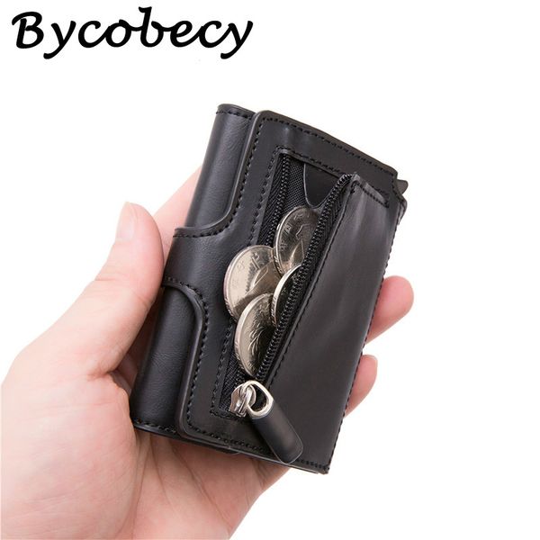 

bycobecy 2020 men smart wallet fashion button money bag metal aluminum auto -up rfid travel wallet coin purse, Red;black