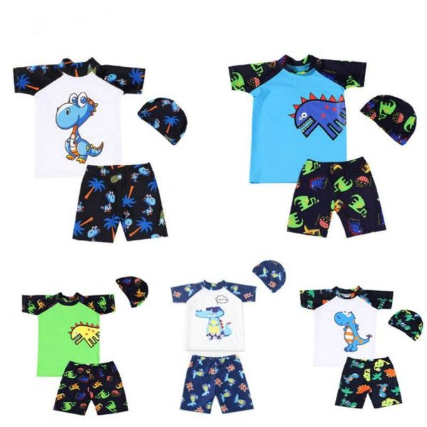 

two-pieces new kids boy swimwear baby split dinosaurs quick drying boy swimming suit shirt trunks swimming cap three-piece suit set, Blue