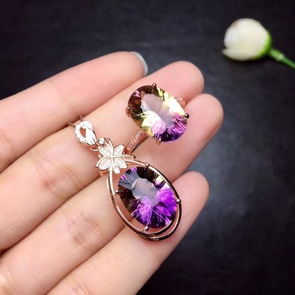 

natural ametrine gemstone ring and necklace jewelry with 925 silver for women, Black